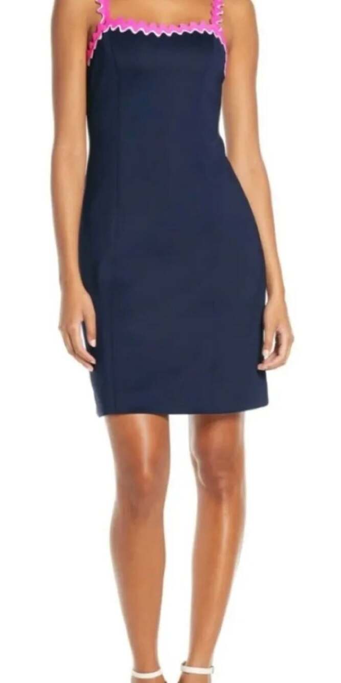 LILLY PULITZER SHELLBEE True Navy Blue Pink Ric Rac Scuba Lined Sz S Dress NWT